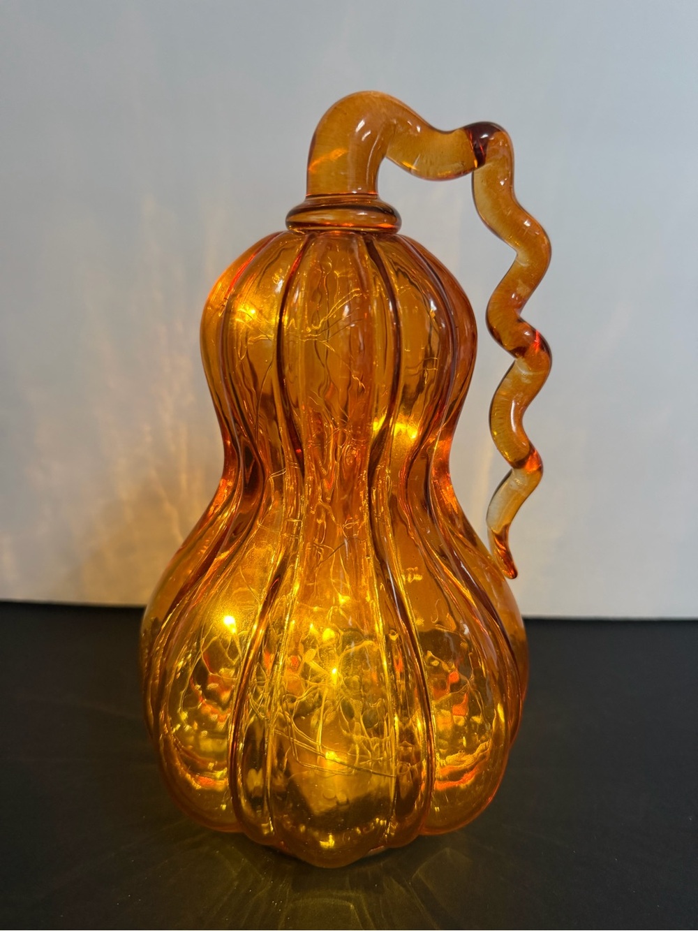 Handblown Amber Glass Pumpkin 9” w/LED Fairy Lights Decorative Home Art